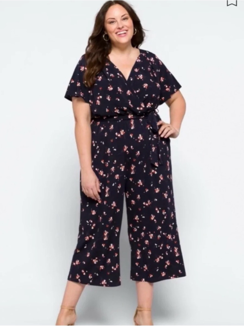 Kaileigh Anthropologie Navy Floral Wrap Jumpsuit Wide Leg Tie Waist Pockets 1X